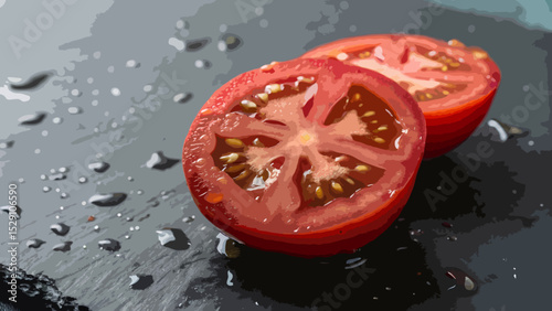 A close-up image of a ripe, red tomato sliced in half