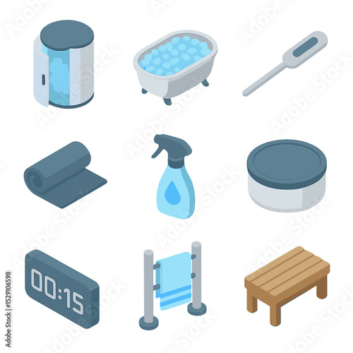 Cryotherapy Icon Set. Isometric Flat icon set of cryotherapy and ice baths: cryo chamber, ice bath tub, thermometer probe,