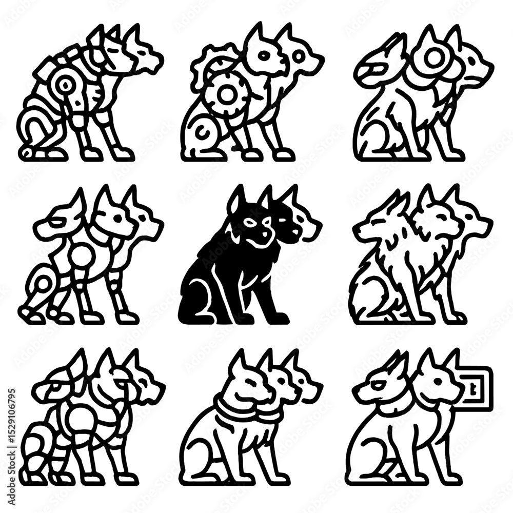 Fototapeta premium Cerberus Variant Icons. Outline icon set of Cerberus variants in fiction: cyberpunk mech, steam-punk gears, futuristic drone,