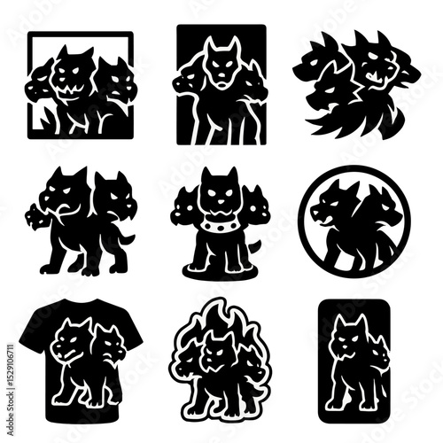 Cerberus Pop Culture Icons. Solid, Filled icon set of Cerberus in pop culture: video game boss, comic book cover, movie poster,