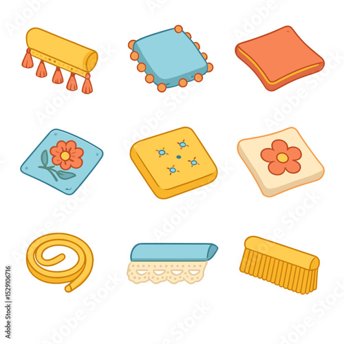Cushion Decor Icons. Isometric Flat icon set of cushion embellishments: tassel trim, pom-pom border, piping detail, embroidery