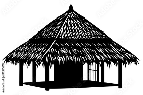 Black and white silhouette of a tropical thatch hut