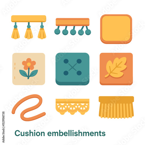 Cushion Decor Icons. Isometric Flat icon set of cushion embellishments: tassel trim, pom-pom border, piping detail, embroidery
