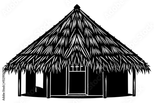 Black and white illustration of a thatched roof hut
