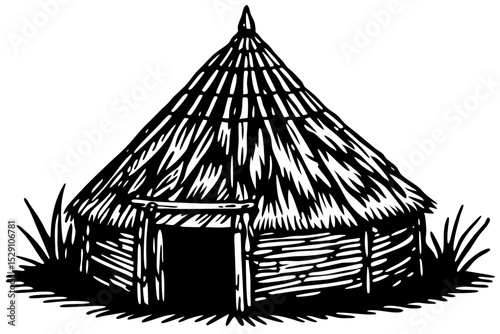 Black and white illustration of a thatched hut