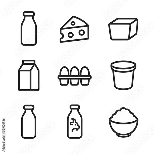Dairy and Eggs Icons. Outline icon set of dairy and egg stalls: milk bottle, cheese wedge, butter block, yogurt cup, cream carton,