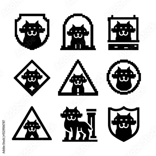 Cerberus Symbol Icons. Pixel art icon set of Cerberus symbolism: loyalty emblem, guardian icon, threshold mark, danger sign,