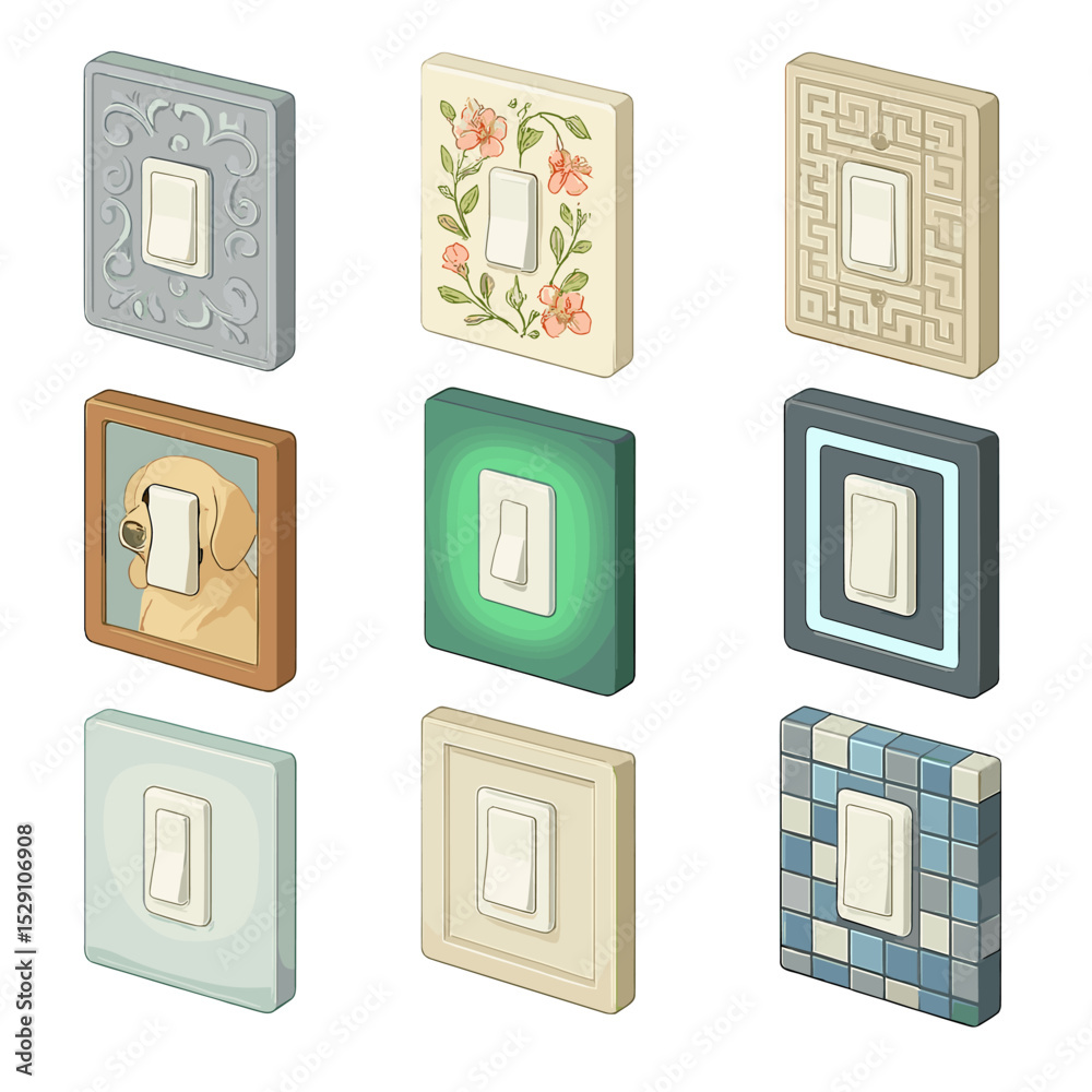 Decorative Switch Plates Collection. Isometric Flat icon set of decorative switch plates: embossed pattern plate, floral motif