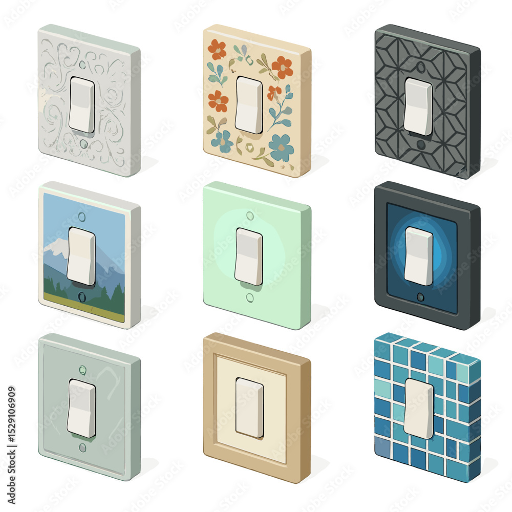 Decorative Switch Plates Collection. Isometric Flat icon set of decorative switch plates: embossed pattern plate, floral motif