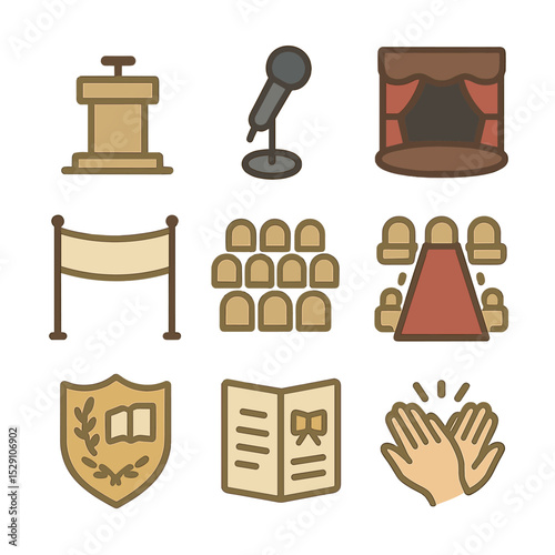 Ceremony Elements Icons. Flat icon set of ceremony elements: podium, microphone, stage, banner, seating rows, aisle runner, school