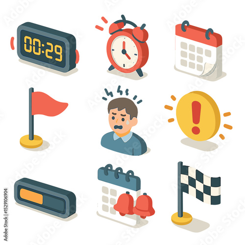 Deadline Icon Set. Isometric Flat icon set of deadline countdown: digital countdown timer, red blinking clock, calendar page