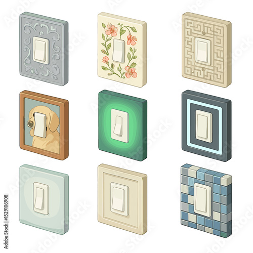 Decorative Switch Plates Collection. Isometric Flat icon set of decorative switch plates: embossed pattern plate, floral motif
