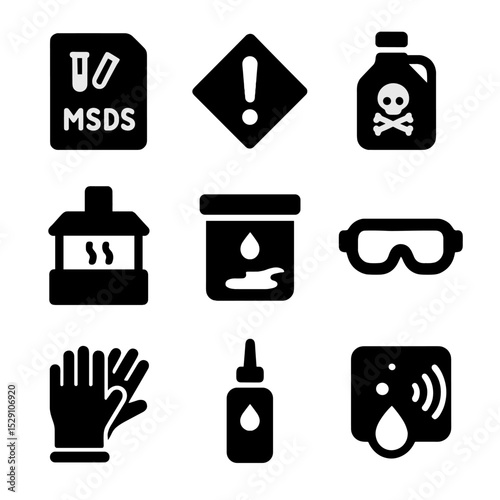 Chemical Safety Icons. Solid, Filled icon set of chemical safety: MSDS sheet, warning label, chemical container, fume hood, spill