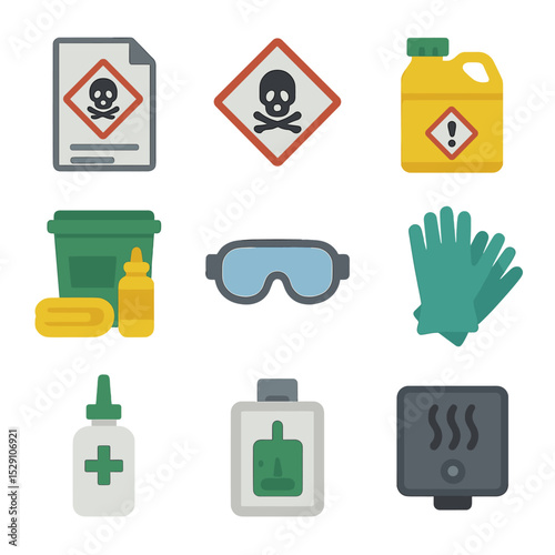 Chemical Safety Icons. Flat icon set of chemical safety: MSDS sheet, warning label, chemical container, fume hood, spill kit,