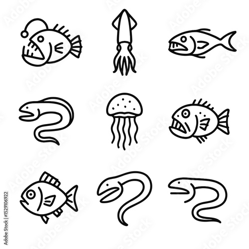 Deep Sea Iconography. Outline icon set of deep sea creatures: anglerfish, giant squid, viperfish, gulper eel, bioluminescent jelly