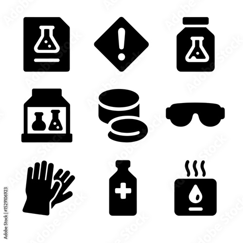 Chemical Safety Icons. Solid, Filled icon set of chemical safety: MSDS sheet, warning label, chemical container, fume hood, spill