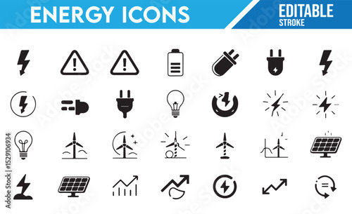 Various Renewable Energy Icons: Wind, Solar, Electric Power, and More