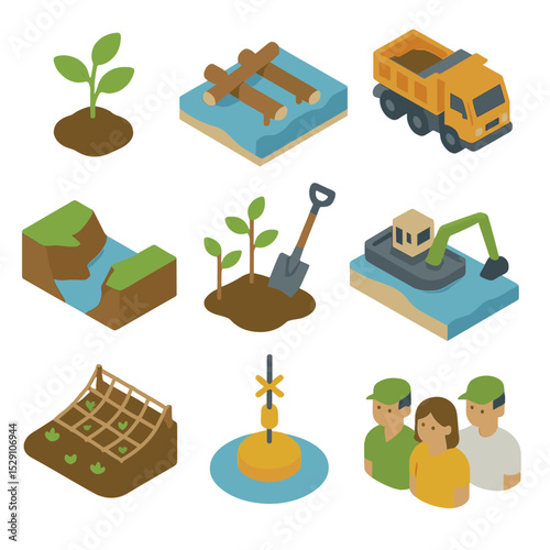Delta Restoration Icons. Isometric Flat icon set of delta restoration projects: reforestation seedling, engineered log jam, mud