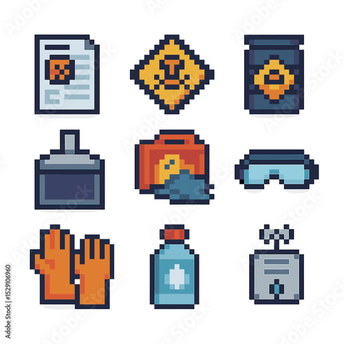 Chemical Safety Icons. Pixel art icon set of chemical safety: MSDS sheet, warning label, chemical container, fume hood, spill kit,
