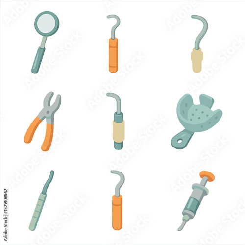 Dental Tool Icons. Isometric Flat icon set of Dental Instruments and Tools: mouth mirror, dental probe, scaler, forceps, suction
