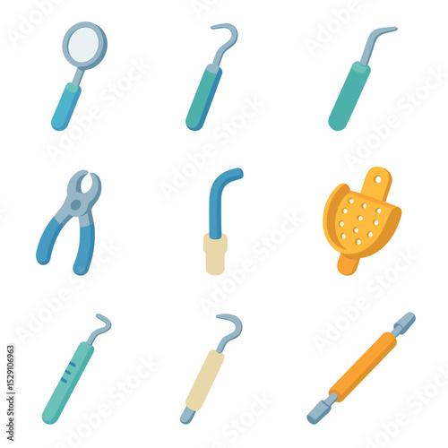 Dental Tool Icons. Isometric Flat icon set of Dental Instruments and Tools: mouth mirror, dental probe, scaler, forceps, suction