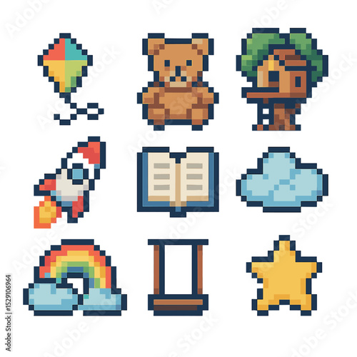 Childhood Dream Icons. Pixel art icon set of childhood dreams: kite, teddy bear, treehouse, rocket ship, storybook, cloud, rainbow
