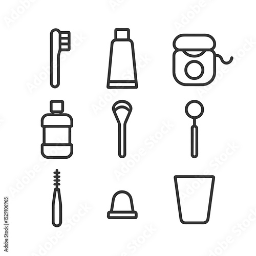 Dental Care Icons. Outline icon set of dental care pack: toothbrush, toothpaste tube, floss container, mouthwash bottle, tongue