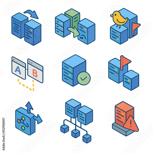 Deployment Strategies Icons. Isometric Flat icon set of deployment strategies: rolling update, blue-green switch, canary rollout,