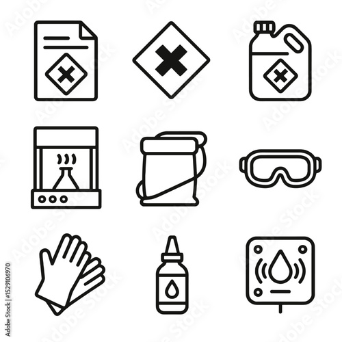 Chemical Safety Icons. Outline icon set of chemical safety: MSDS sheet, warning label, chemical container, fume hood, spill kit,