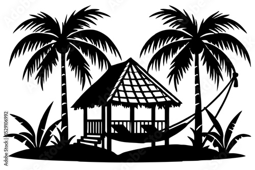 Tropical beach hut with hammock and palm trees