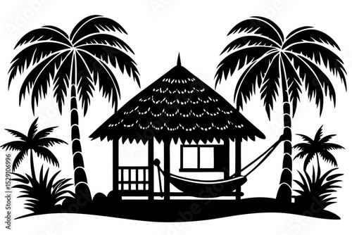 Tropical beach hut silhouette with palm trees