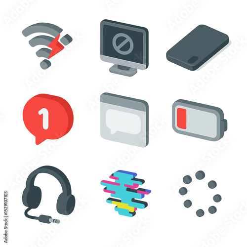 Digital Disconnection Icons. Isometric Flat icon set of digital disconnection: broken Wi-Fi symbol, offline screen, smartphone
