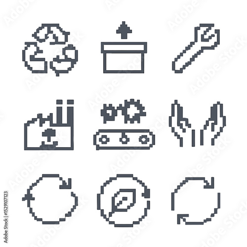 Circular Economy Icons. Pixel art icon set of circular economy concepts: loop arrows, take-back box, repair wrench, refurbish
