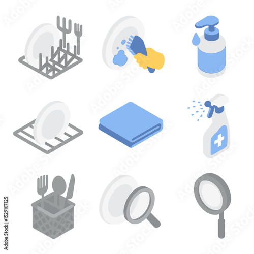 Dish Cleaning Icons. Isometric Flat icon set of cup cleaning and upkeep: dishwasher rack, hand wash brush, soap dispenser, rinse