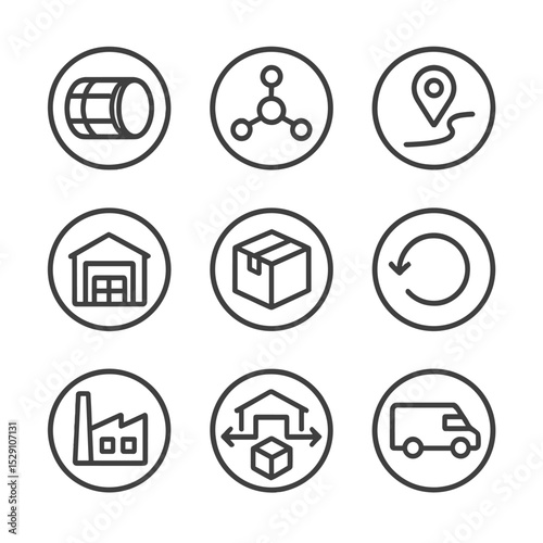 Circular Supply Chain Icons. Outline icon set of circular supply chain: raw material bale, supplier network map, logistics route