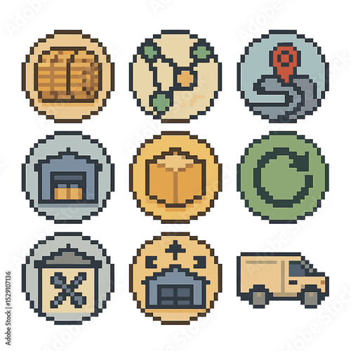 Circular Supply Chain Icons. Pixel art icon set of circular supply chain: raw material bale, supplier network map, logistics route