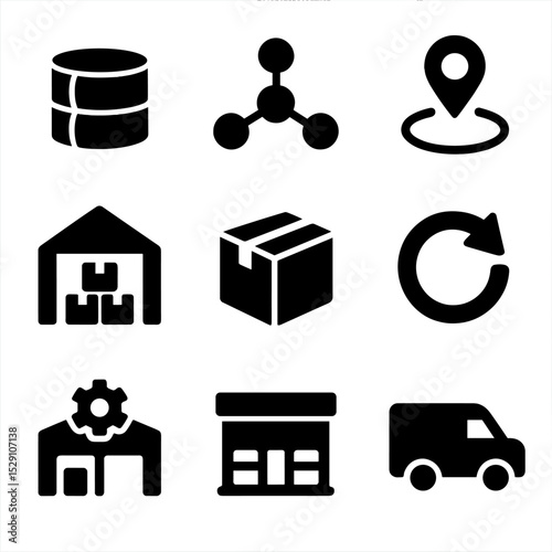 Circular Supply Icons. Solid, Filled icon set of circular supply chain: raw material bale, supplier network map, logistics route