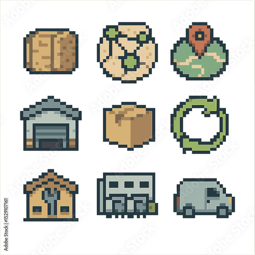Circular Supply Chain Icons. Pixel art icon set of circular supply chain: raw material bale, supplier network map, logistics route