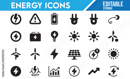 Set of Black and White Renewable Energy Symbols: Solar, Wind, and Electric Power Icons