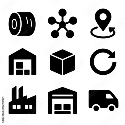 Circular Supply Icons. Solid, Filled icon set of circular supply chain: raw material bale, supplier network map, logistics route