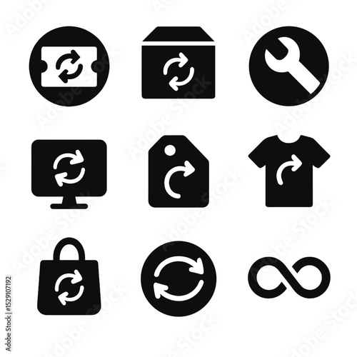 Circular Wardrobe Icons. Solid, Filled icon set of circular wardrobe: swap event ticket, rental service box, repair station wrench