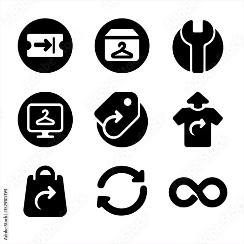 Circular Wardrobe Icons. Solid, Filled icon set of circular wardrobe: swap event ticket, rental service box, repair station wrench