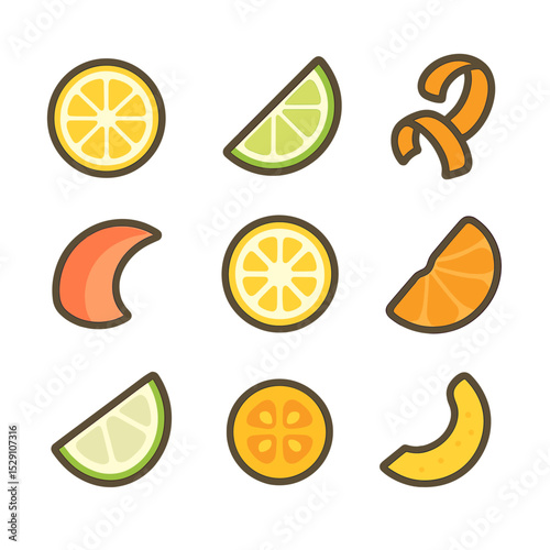 Citrus Garnish Icons. Flat icon set of citrus garnishes: lemon wheel, lime wedge, orange twist, grapefruit peel, citron slice,