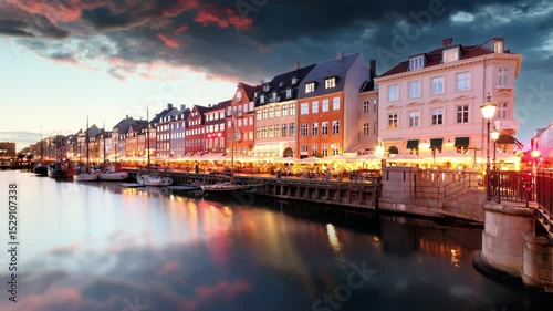 Time lapse of Copenhagen canal Nyhavn at sunset, Denmark