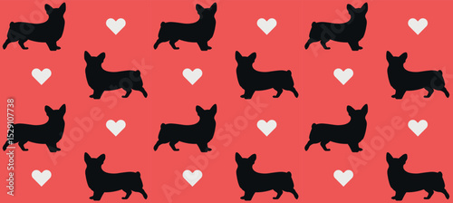Corgi with hearts seamless pattern on red background.
