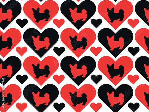Corgi with red and black hearts seamless pattern.