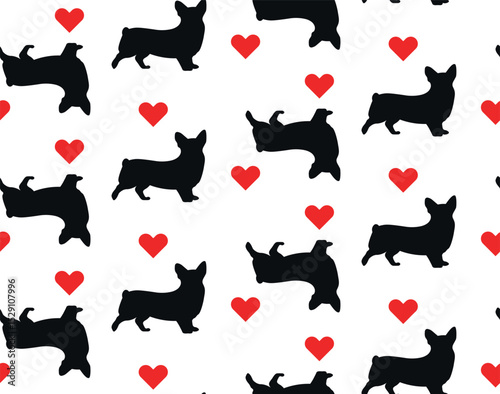 Corgi with red hearts seamless pattern.