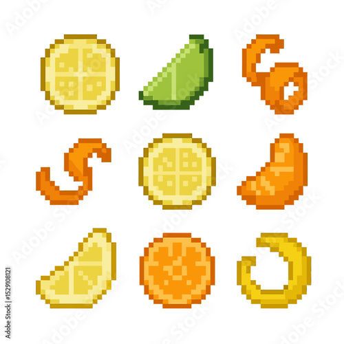 Citrus Garnish Icons. Pixel art icon set of citrus garnishes: lemon wheel, lime wedge, orange twist, grapefruit peel, citron slice