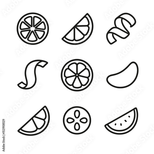 Citrus Garnishes Icons. Outline icon set of citrus garnishes: lemon wheel, lime wedge, orange twist, grapefruit peel, citron slice