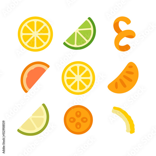 Citrus Garnish Icons. Flat icon set of citrus garnishes: lemon wheel, lime wedge, orange twist, grapefruit peel, citron slice,